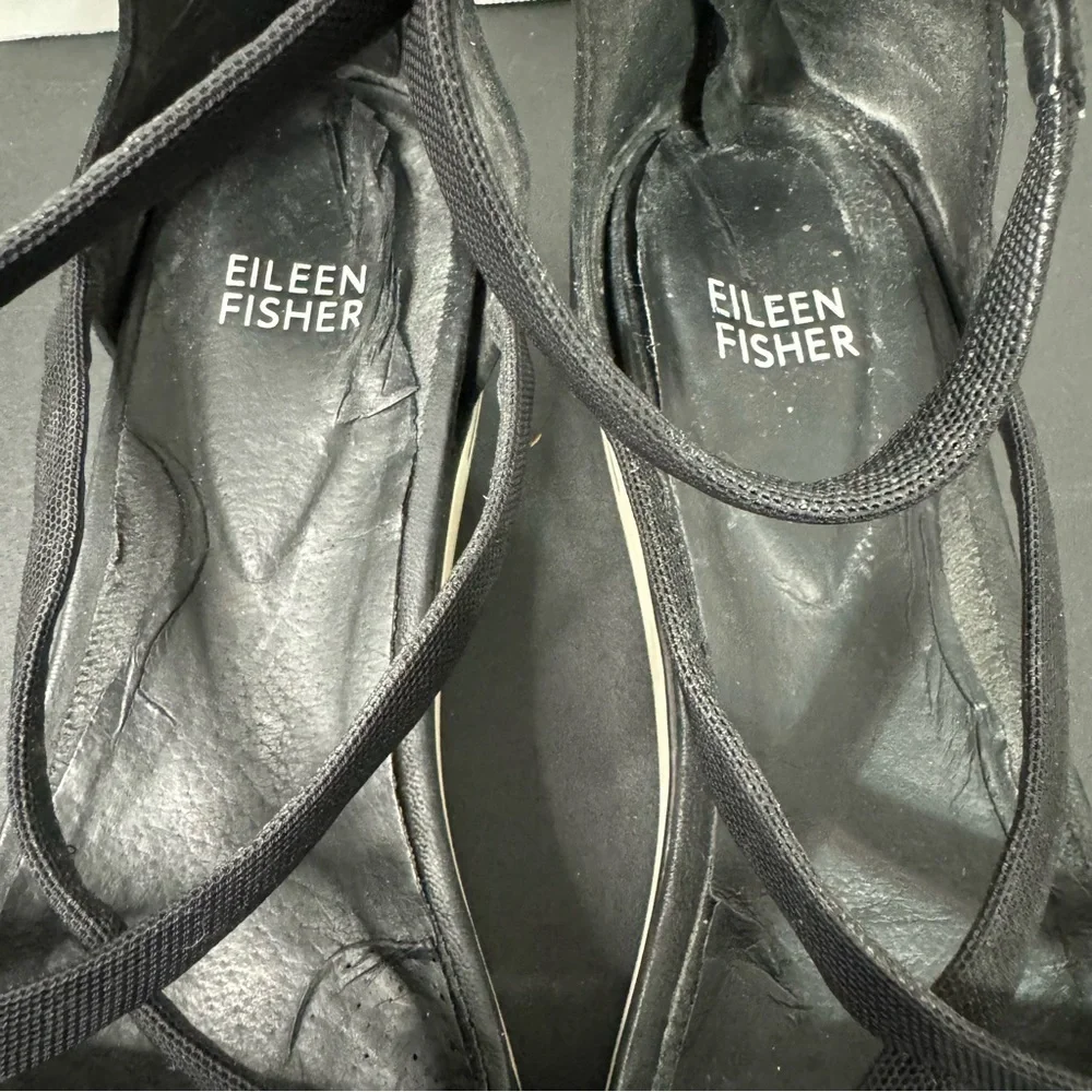 Eileen Fisher Sola Black Nubuck Criss Cross Ankle Strap Heel Zipper Sandals